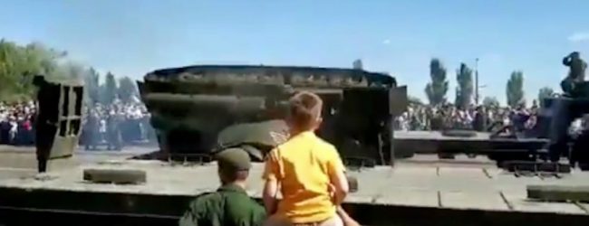 Soviet tank topples over after Russian parade