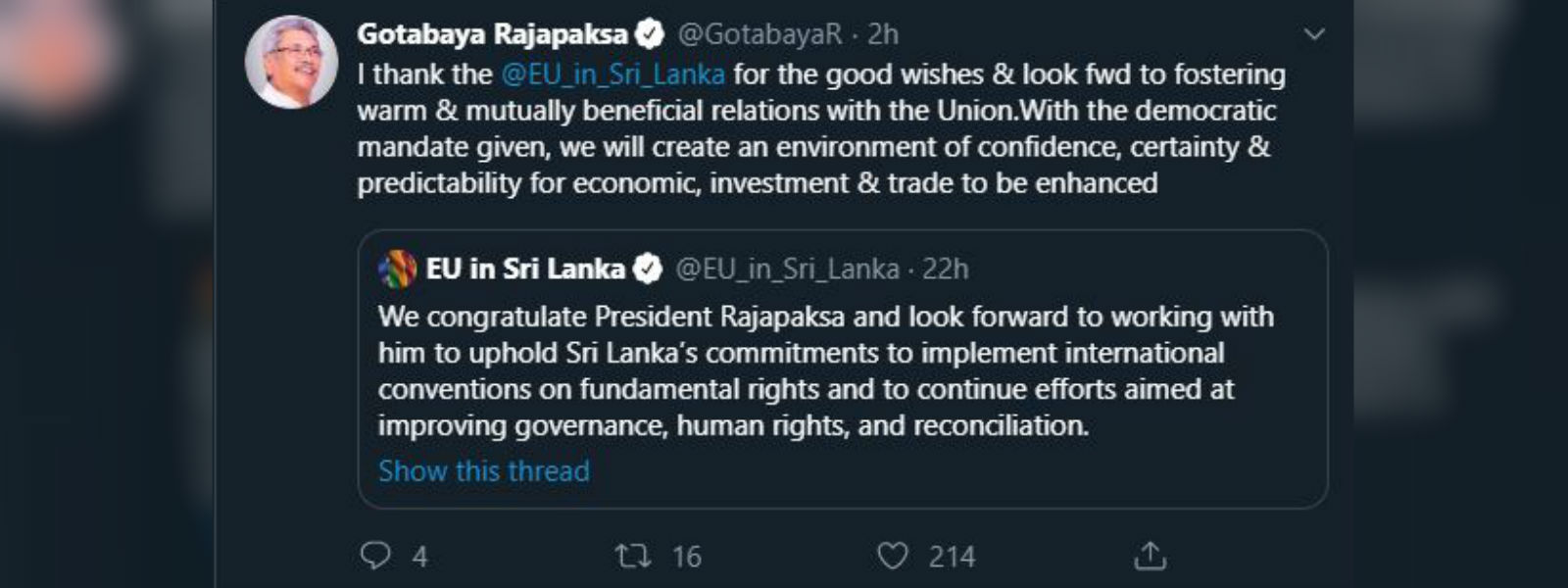 Europe Union congratualtes Gotabaya Rakapaksa