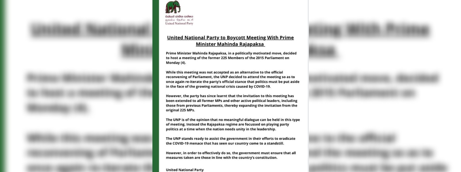 UNP to boycott meeting with the PM