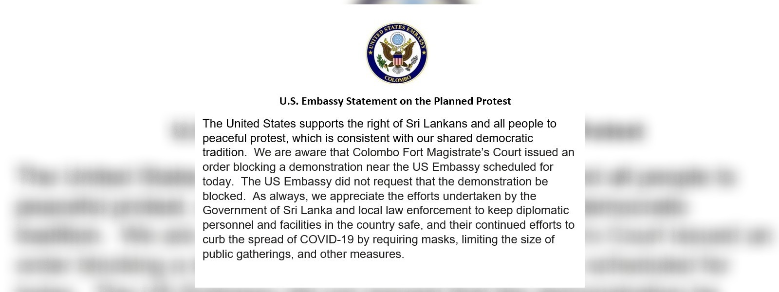 U.S. Embassy claims it did not request for the demonstration in Colombo to be blocked