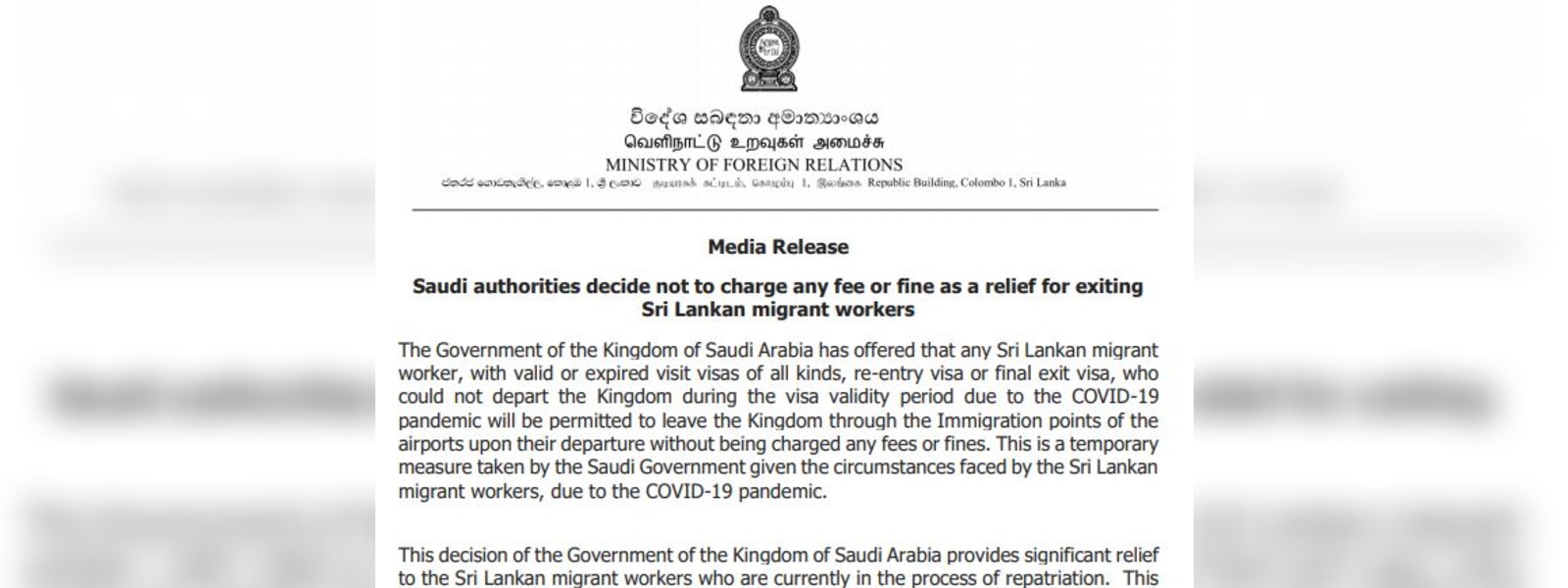 Saudi authorities decide not to charge Sri Lankans