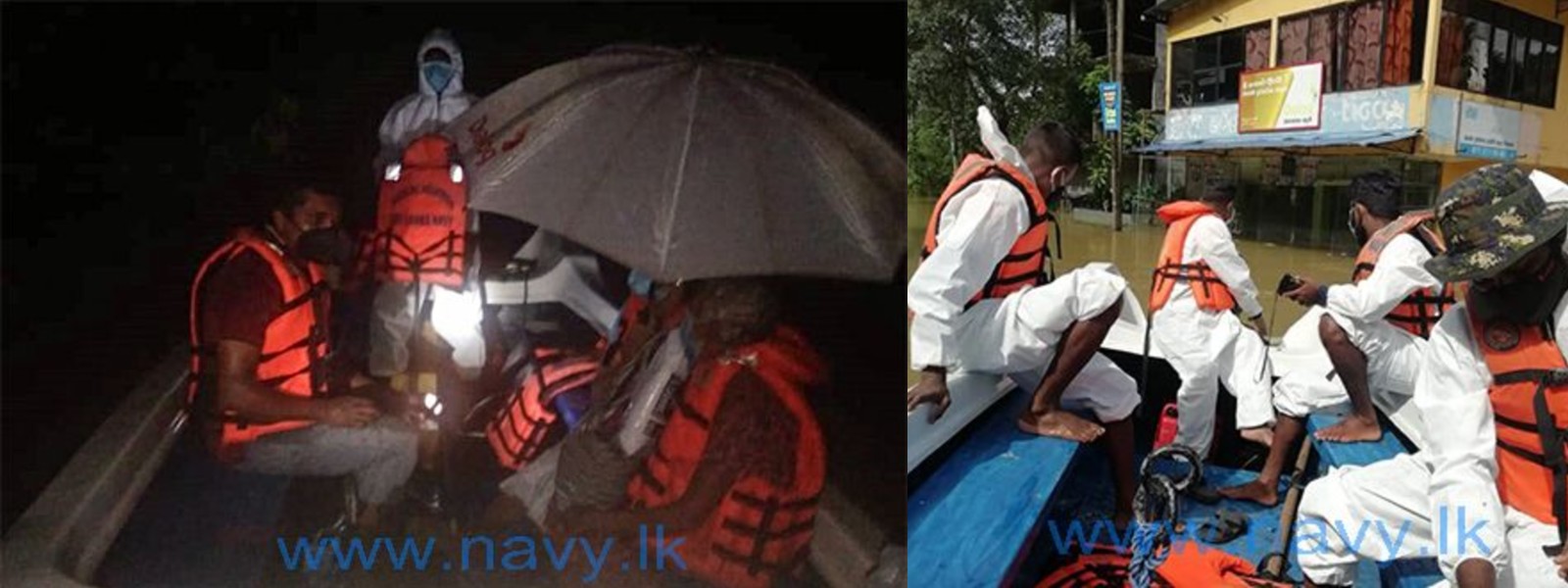Navy relief teams rescue flood victims trapped in a tree in Galle