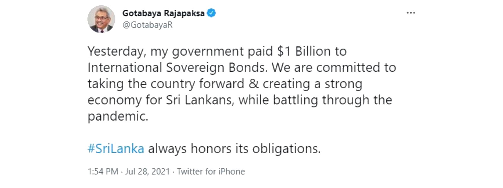 Sri Lanka always honors its obligations, tweets President