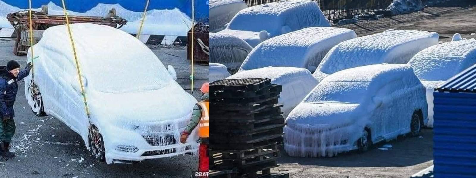New cars delivered to Russian port caked in ice