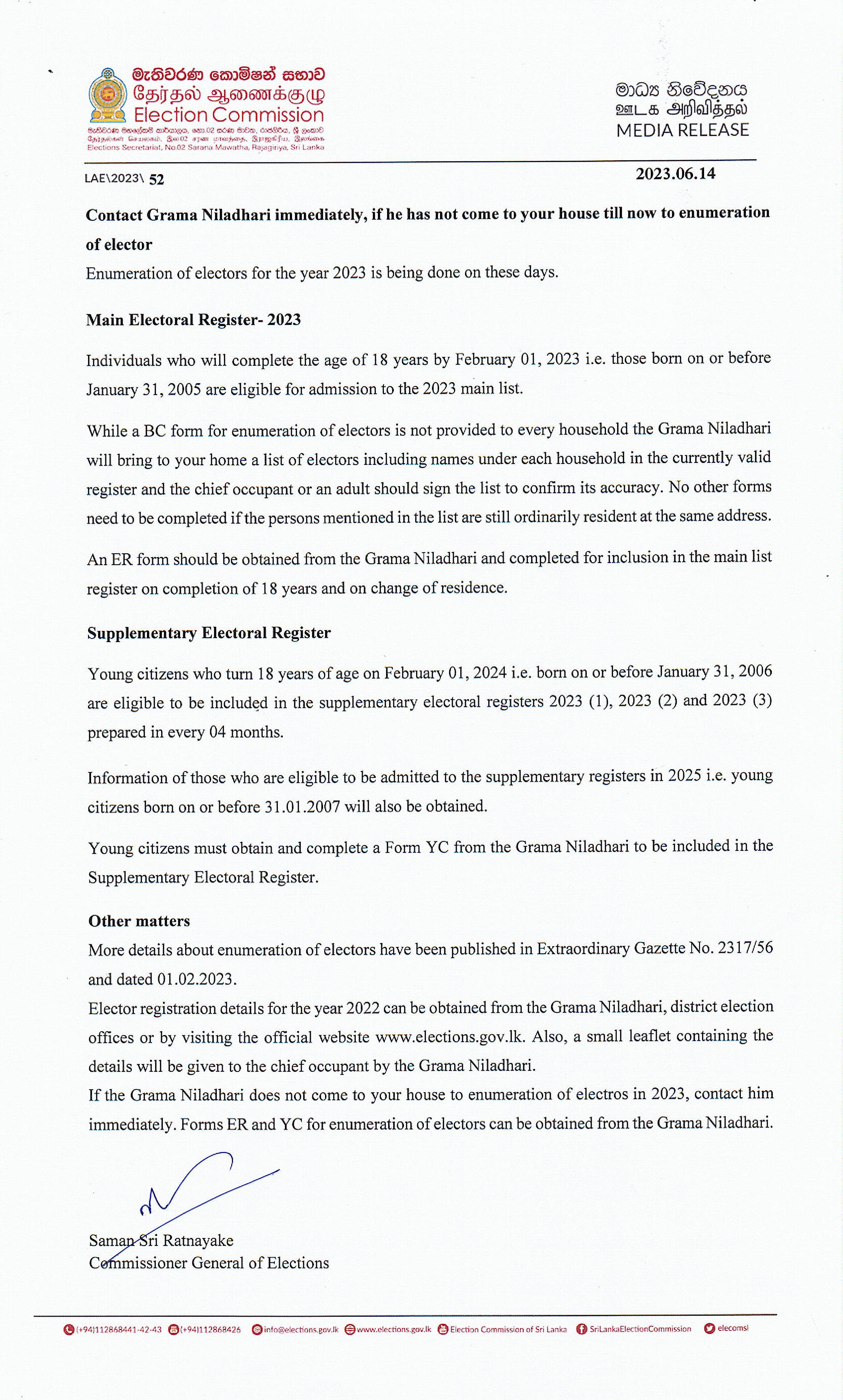 Special Notice to public from Election Commission
