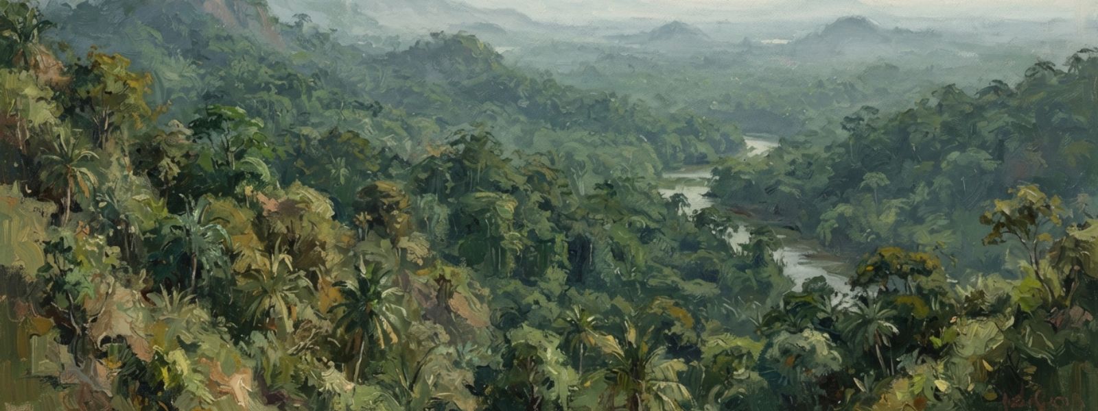 AI-generated illustration of a pristine Sri Lankan montane rainforest with mist, dense canopy, native wildlife and a clear stream