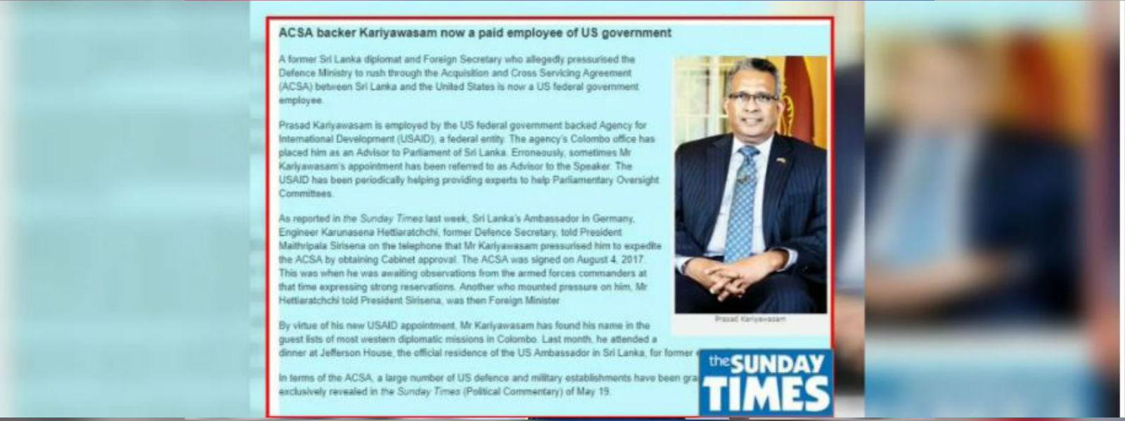 ප්‍රසාද් කාරියවසම් දැන් ඇමරිකානු රාජ්‍ය සේවකයෙක් 