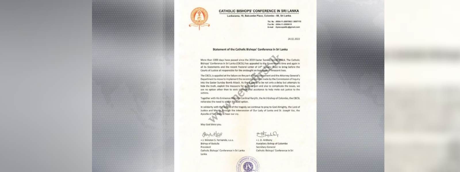 පාස්කු ප්‍රහාරය ගැන කතෝලික සම්මේලනයෙන් නිවේදනයක් 