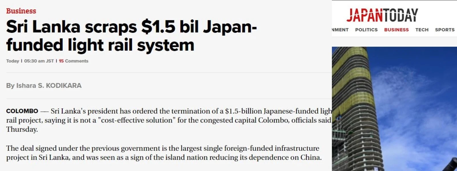 இலகு ரயில் செயற்றிட்டம் இரத்து: Japan Today செய்தி