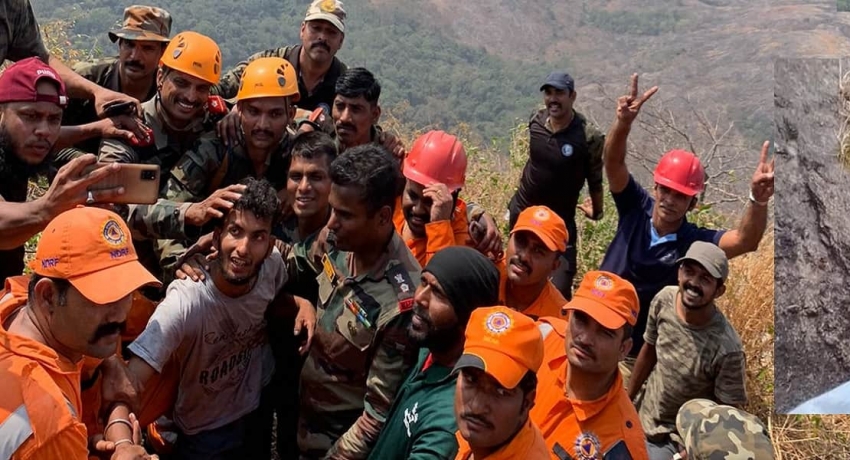 கேரளாவில் 40 மணித்தியாலங்கள் மலை இடுக்கில் சிக்கியிருந்த இளைஞர் மீட்பு